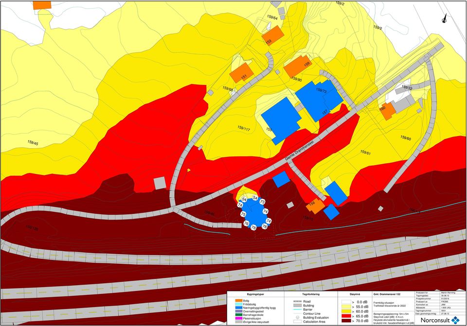 Barrier Contour Line Building Evaluation Calculation Area Støynivå > 0.0 db > 55.0 db > 60.0 db > 65.0 db > 70.0 db Gml.