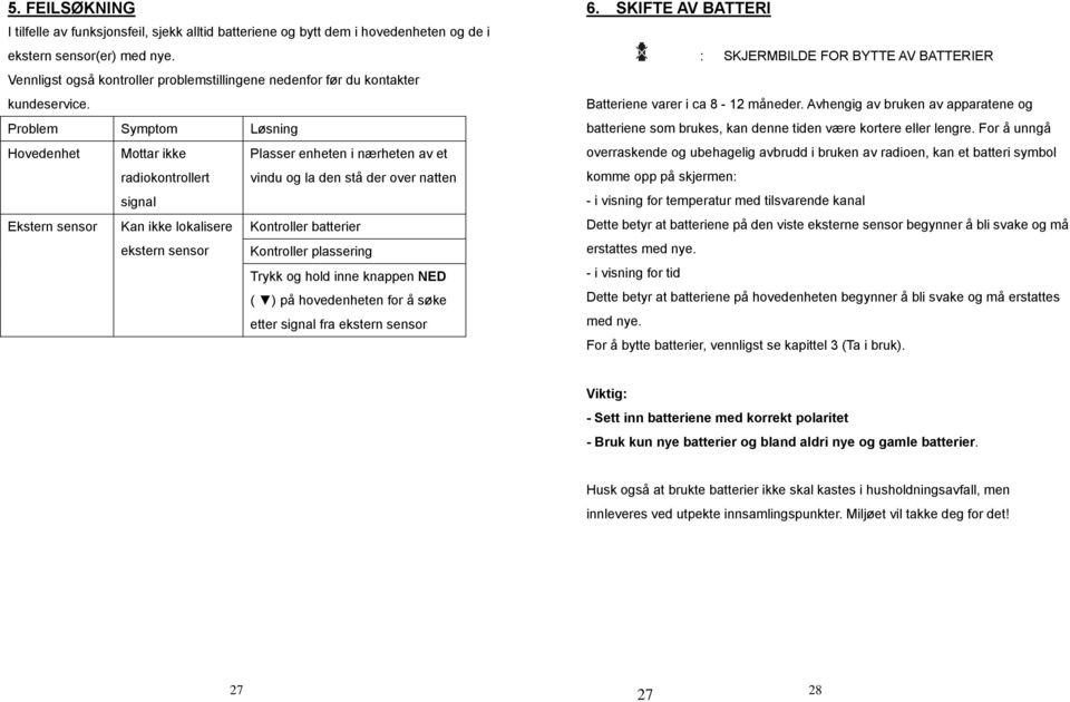 Problem Symptom Løsning Hovedenhet Mottar ikke radiokontrollert signal Plasser enheten i nærheten av et vindu og la den stå der over natten Ekstern sensor Kan ikke lokalisere ekstern sensor