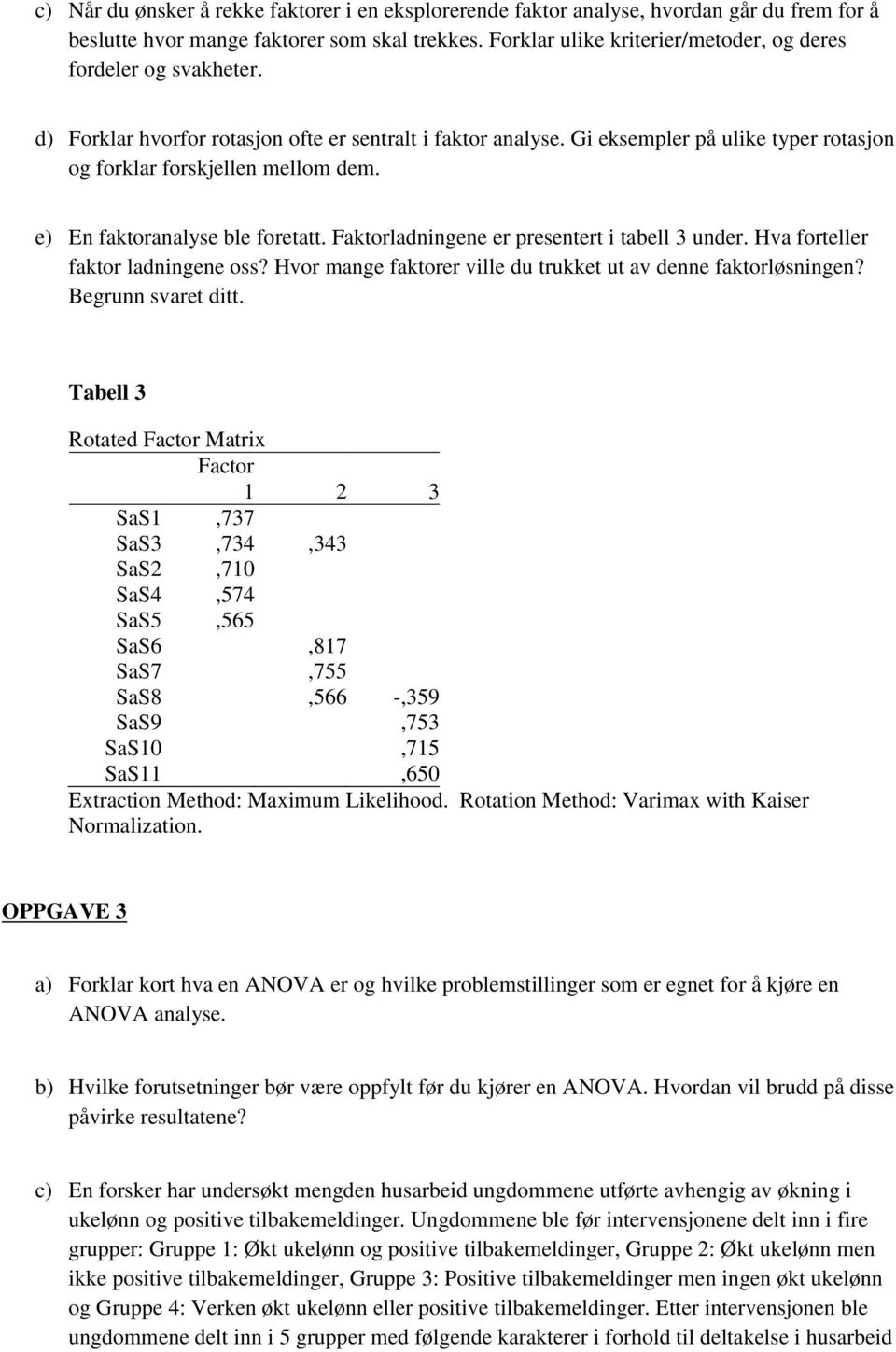 e) En faktoranalyse ble foretatt. Faktorladningene er presentert i tabell 3 under. Hva forteller faktor ladningene oss? Hvor mange faktorer ville du trukket ut av denne faktorløsningen?