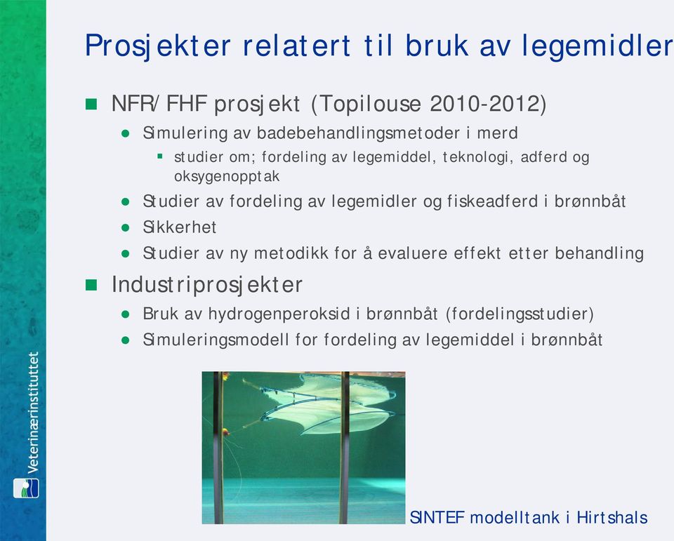 fiskeadferd i brønnbåt Sikkerhet Studier av ny metodikk for å evaluere effekt etter behandling Industriprosjekter Bruk av