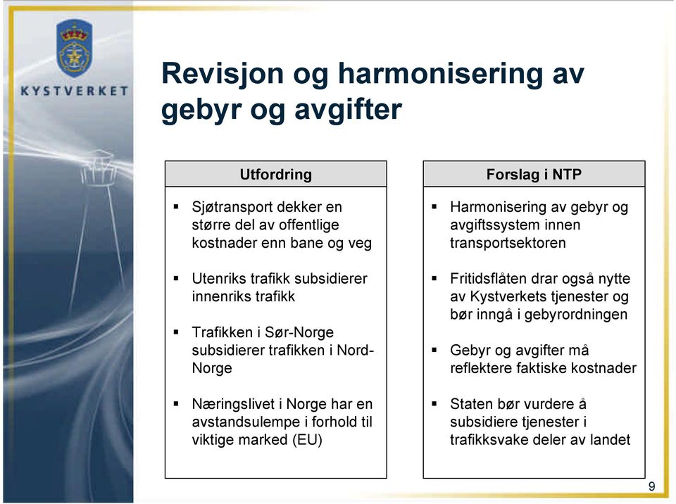 viktige marked (EU) Forslag i NTP Harmonisering av gebyr og avgiftssystem innen transportsektoren Fritidsflåten drar også nytte av Kystverkets