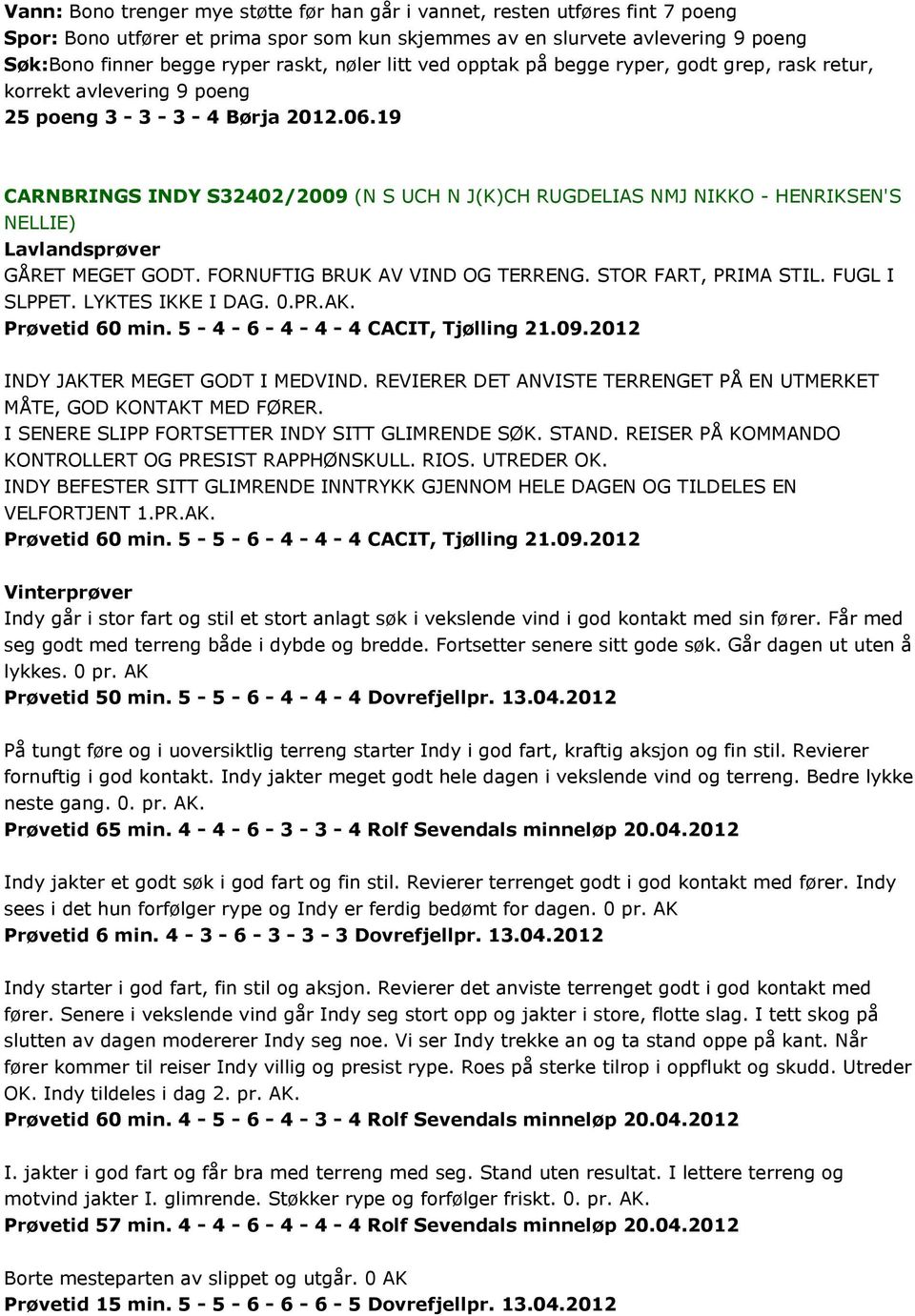 19 CARNBRINGS INDY S32402/2009 (N S UCH N J(K)CH RUGDELIAS NMJ NIKKO - HENRIKSEN'S NELLIE) Lavlandsprøver GÅRET MEGET GODT. FORNUFTIG BRUK AV VIND OG TERRENG. STOR FART, PRIMA STIL. FUGL I SLPPET.