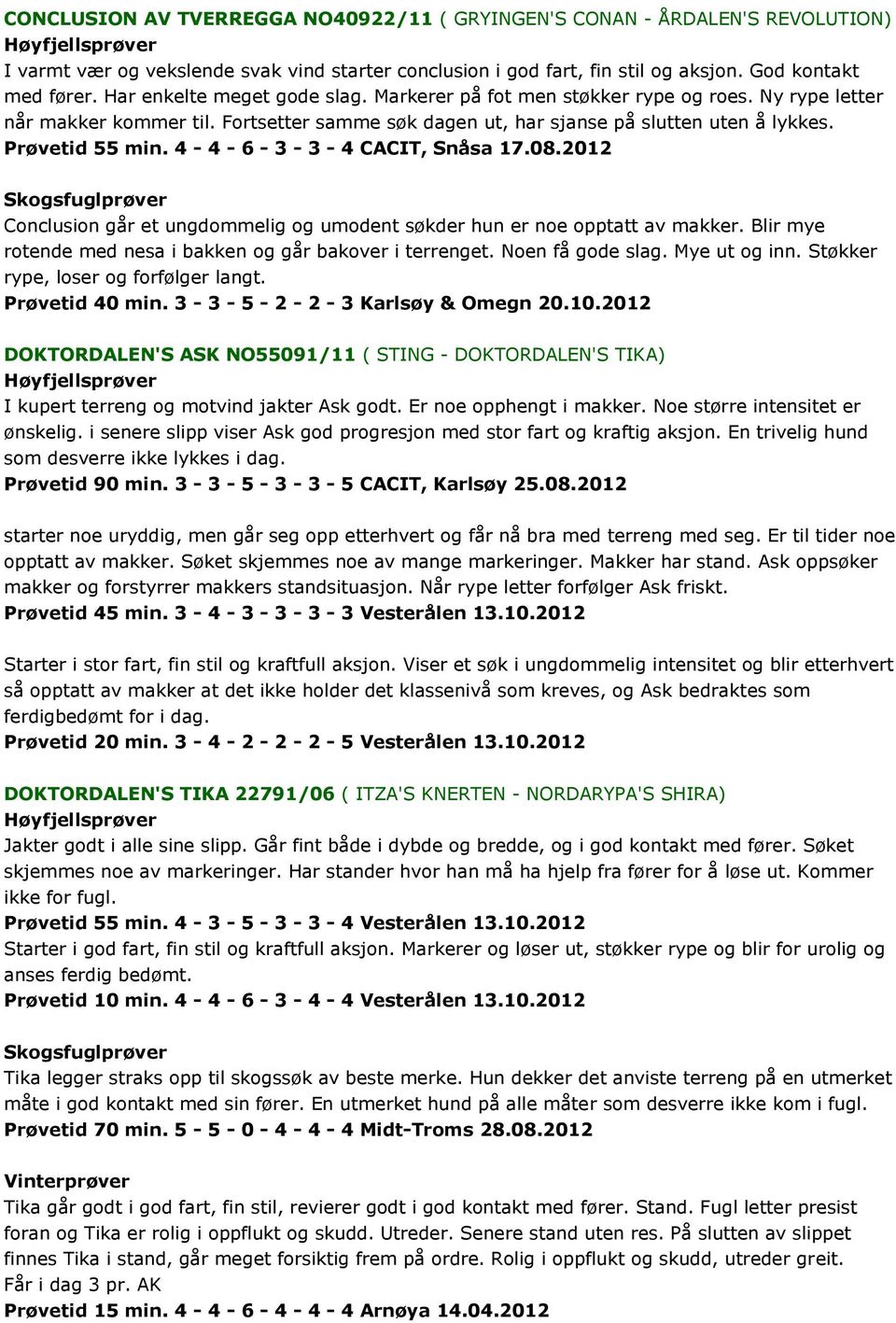 4-4 - 6-3 - 3-4 CACIT, Snåsa 17.08.2012 Skogsfuglprøver Conclusion går et ungdommelig og umodent søkder hun er noe opptatt av makker. Blir mye rotende med nesa i bakken og går bakover i terrenget.