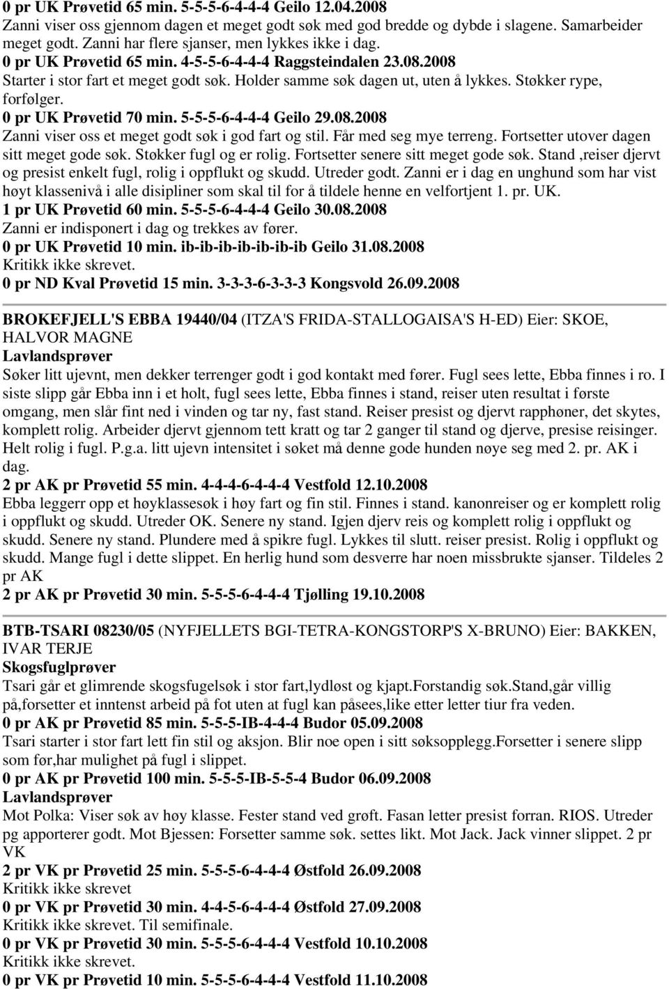 Støkker rype, forfølger. 0 pr UK Prøvetid 70 min. 5-5-5-6-4-4-4 Geilo 29.08.2008 Zanni viser oss et meget godt søk i god fart og stil. Får med seg mye terreng.