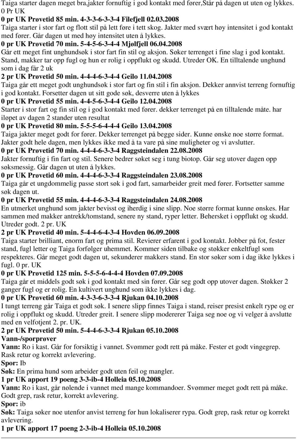 5-4-5-6-3-4-4 Mjølfjell 06.04.2008 Går ett meget fint unghundsøk i stor fart fin stil og aksjon. Søker terrenget i fine slag i god kontakt.