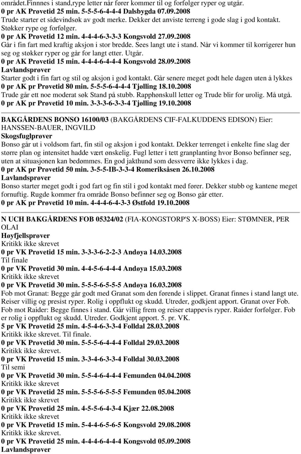 Sees langt ute i stand. Når vi kommer til korrigerer hun seg og støkker ryper og går for langt etter. Utgår. 0 pr AK Prøvetid 15 min. 4-4-4-6-4-4-4 Kongsvold 28.09.