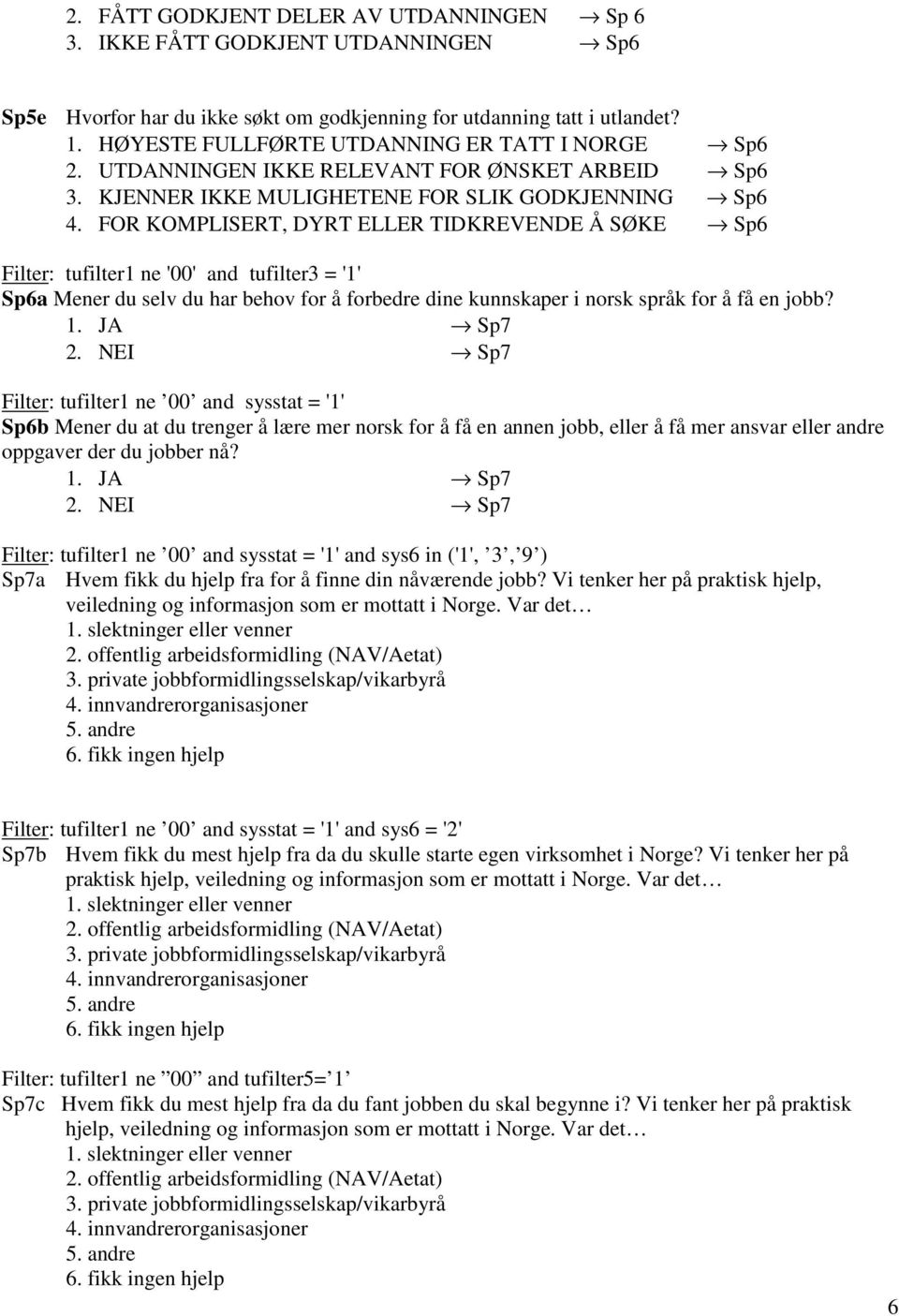 FOR KOMPLISERT, DYRT ELLER TIDKREVENDE Å SØKE Sp6 Filter: tufilter1 ne '00' and tufilter3 = '1' Sp6a Mener du selv du har behov for å forbedre dine kunnskaper i norsk språk for å få en jobb?