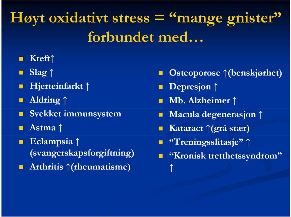 (svangerskapsforgiftning) Arthritis (rheumatisme) Depresjon Mb.