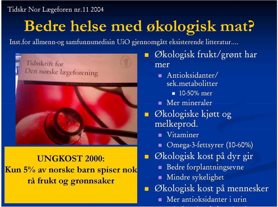 UNGKOST 2000: Kun 5% av norske barn spiser nok rå frukt og grønnsaker Økologisk k frukt/grønt har mer Antioksidanter/ sek.