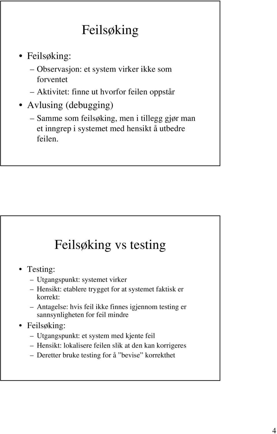 Feilsøking vs testing Testing: Utgangspunkt: systemet virker Hensikt: etablere trygget for at systemet faktisk er korrekt: Antagelse: hvis feil ikke