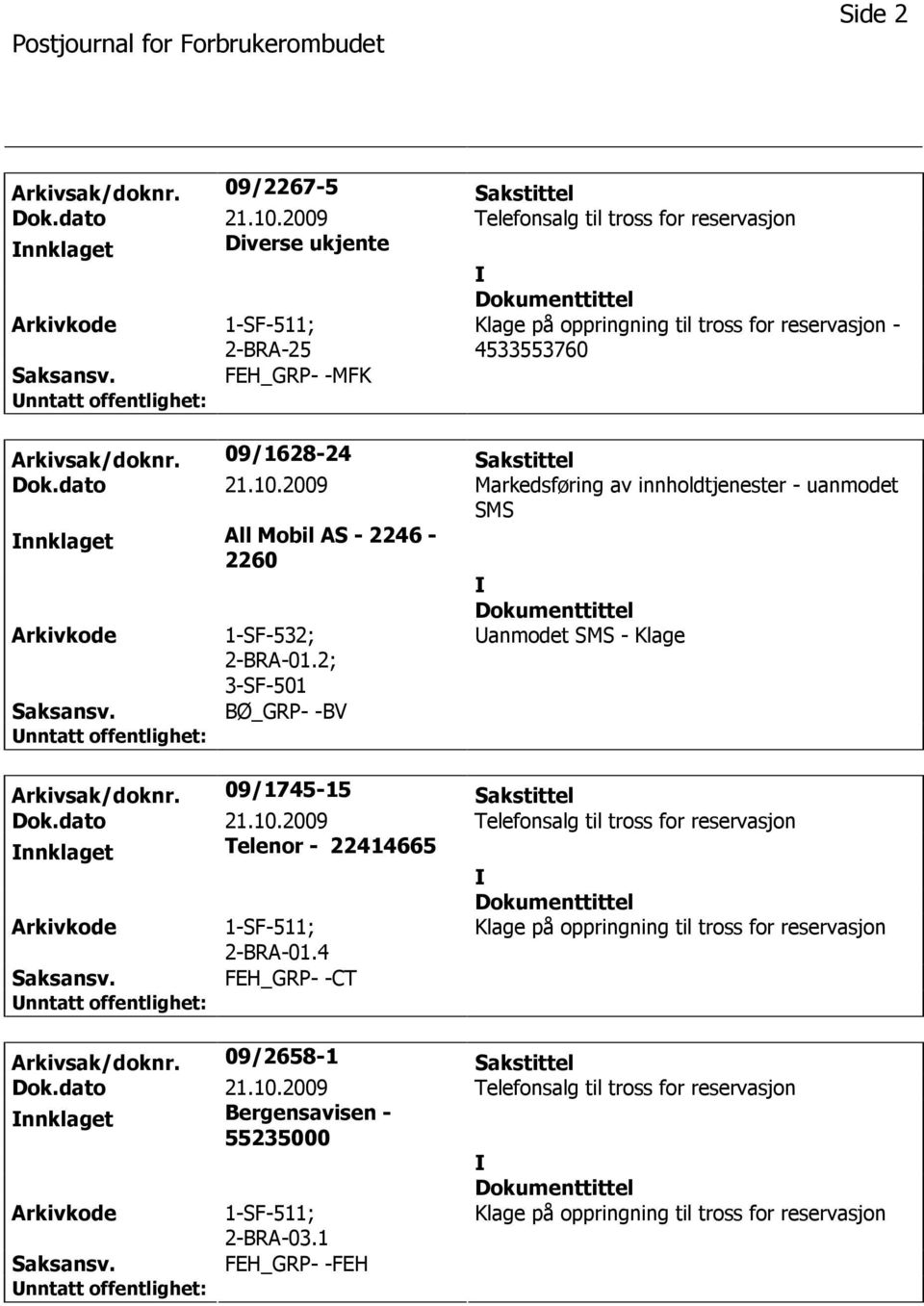 2009 Markedsføring av innholdtjenester - uanmodet SMS nnklaget All Mobil AS - 2246-2260 Arkivkode 1-SF-532; 2-BRA-01.