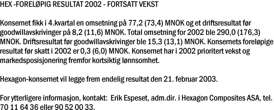 Driftsresultat før goodwillavskrivinger ble 15,3 (13,1) MNOK. Konsernets foreløpige resultat før skatt i 2002 er 0,3 (6,0) MNOK.