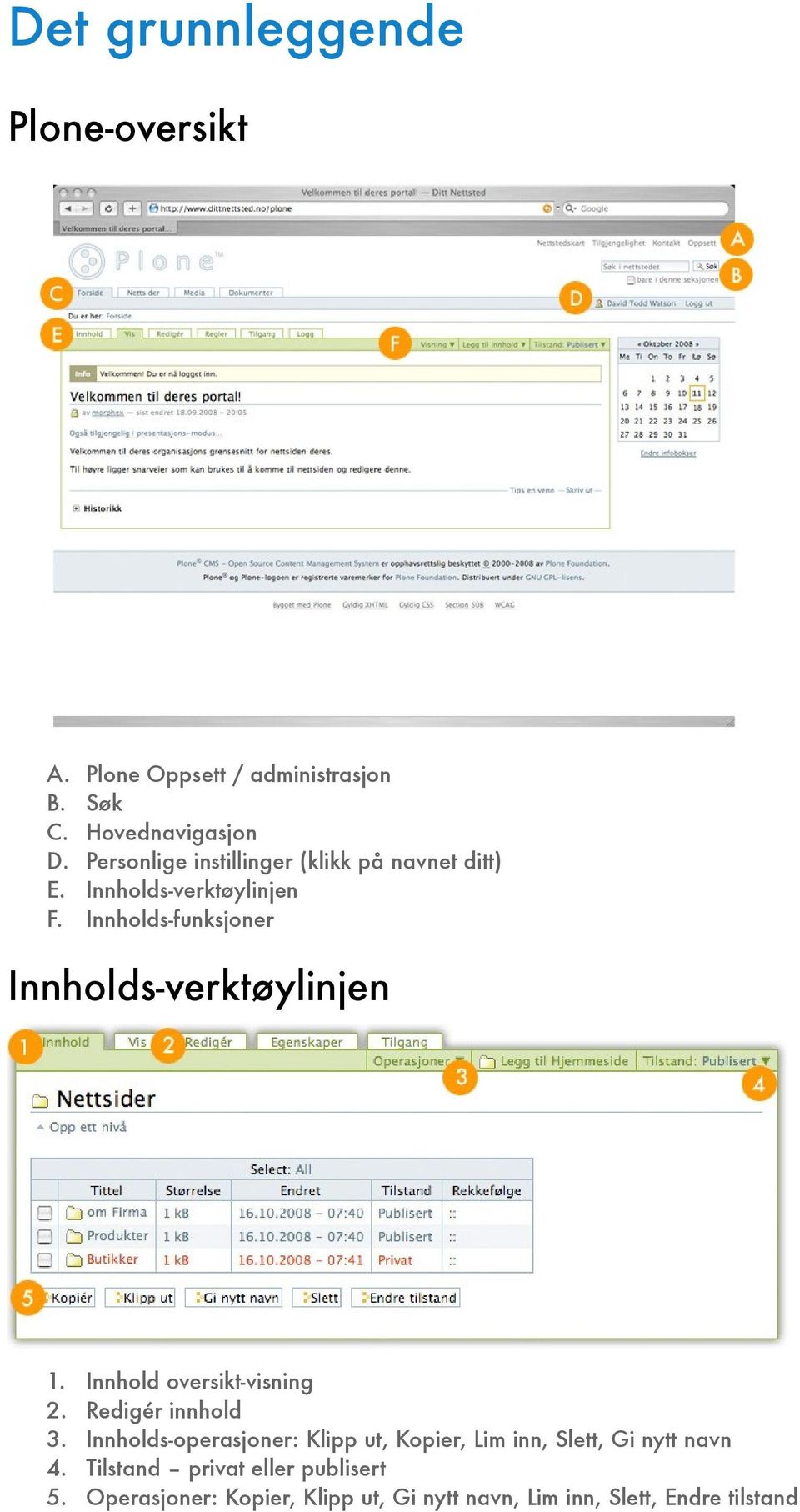 Innholds-funksjoner Innholds-verktøylinjen 1. Innhold oversikt-visning 2. Redigér innhold 3.