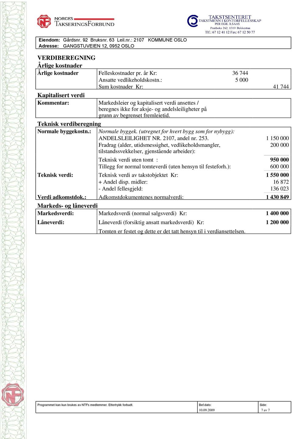 : 5 000 Sum kostnader Kr: 41 744 Kapitalisert verdi Kommentar: Markedsleier og kapitalisert verdi ansettes / beregnes ikke for aksje- og andelsleiligheter på grunn av begrenset fremleietid.