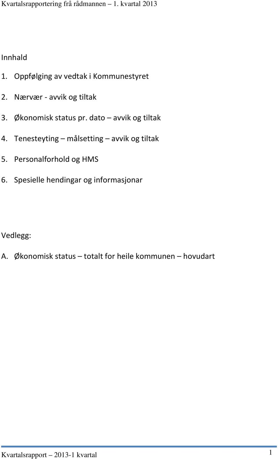 Økonomisk status pr. dato avvik og tiltak 4. Tenesteyting målsetting avvik og tiltak 5.