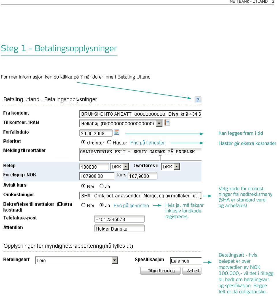 Velg kode for omkostninger fra nedtrekksmeny (SHA er standard verdi og anbefales) Velg enten - Til kontonr.