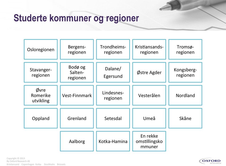 Agder Kongsberg- regionen Øvre Romerike utvikling Vest- Finnmark Lindesnes- regionen Vesterålen