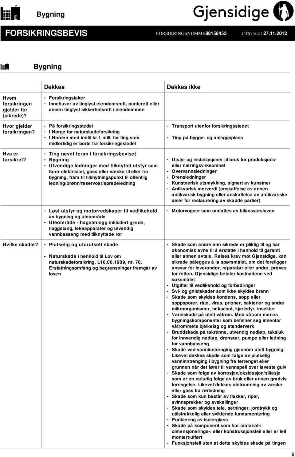 - Forsikringstaker - Innehaver av tinglyst eiendomsrett, panterett eller annen tinglyst sikkerhetsrett i eiendommen - På forsikringsstedet - I Norge for naturskadeforsikring - I Norden med inntil kr