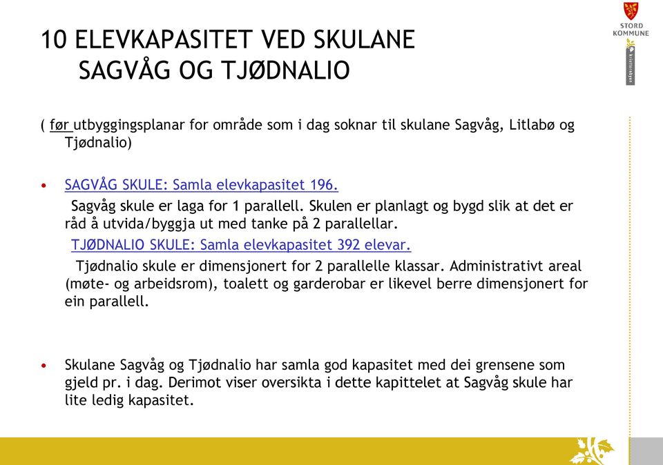 TJØDNALIO SKULE: Samla elevkapasitet 392 elevar. Tjødnalio skule er dimensjonert for 2 parallelle klassar.