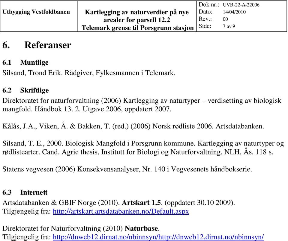 Kartlegging av naturtyper og rødlistearter. Cand. Agric thesis, Institutt for Biologi og Naturforvaltning, NLH, Ås. 118 s. Statens vegvesen (2006) Konsekvensanalyser, Nr.