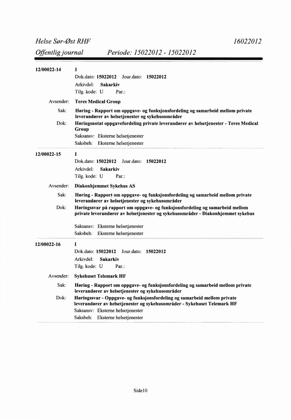 funksjonsfordeling og samarbeid mellom private Horingssvar på rapport om oppgave- og funksjonsfordeling og samarbeid mellom private - Diakonhjemmet sykehus 12/00022-16 Sykehuset