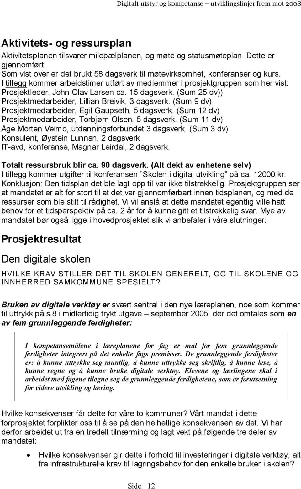 (Sum 9 dv) Prosjektmedarbeider, Egil Gaupseth, 5 dagsverk. (Sum 12 dv) Prosjektmedarbeider, Torbjørn Olsen, 5 dagsverk. (Sum 11 dv) Åge Morten Veimo, utdanningsforbundet 3 dagsverk.