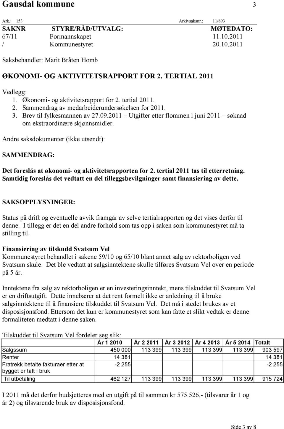 2011 Utgifter etter flommen i juni 2011 søknad om ekstraordinære skjønnsmidler. Andre saksdokumenter (ikke utsendt): SAMMENDRAG: Det foreslås at økonomi- og aktivitetsrapporten for 2.