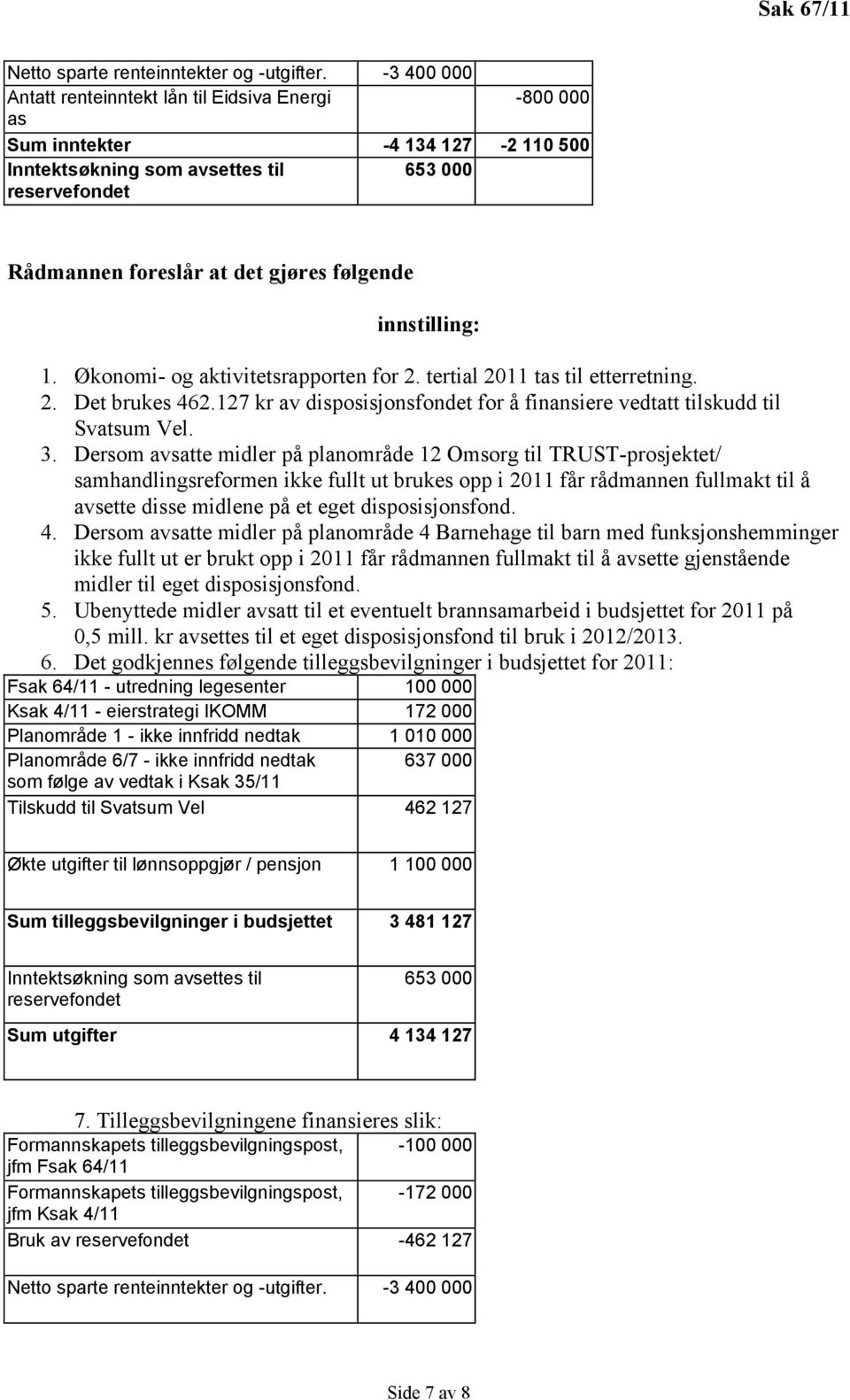 innstilling: 1. Økonomi- og aktivitetsrapporten for 2. tertial 2011 tas til etterretning. 2. Det brukes 462.127 kr av disposisjonsfondet for å finansiere vedtatt tilskudd til Svatsum Vel. 3.