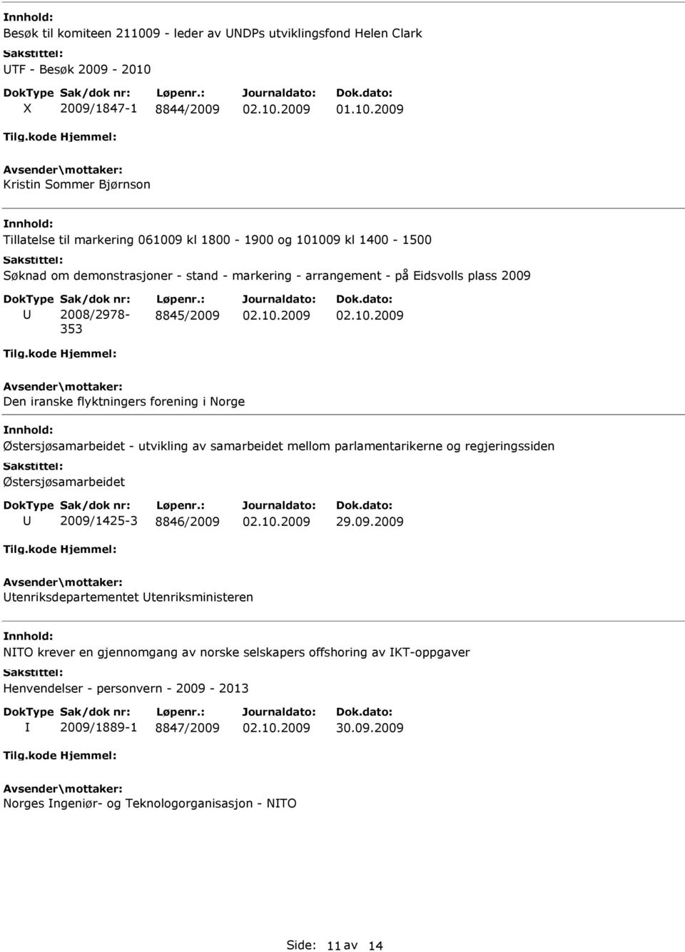 : 8845/2009 Den iranske flyktningers forening i Norge Østersjøsamarbeidet - utvikling av samarbeidet mellom parlamentarikerne og regjeringssiden Østersjøsamarbeidet 2009/1425-3 8846/2009