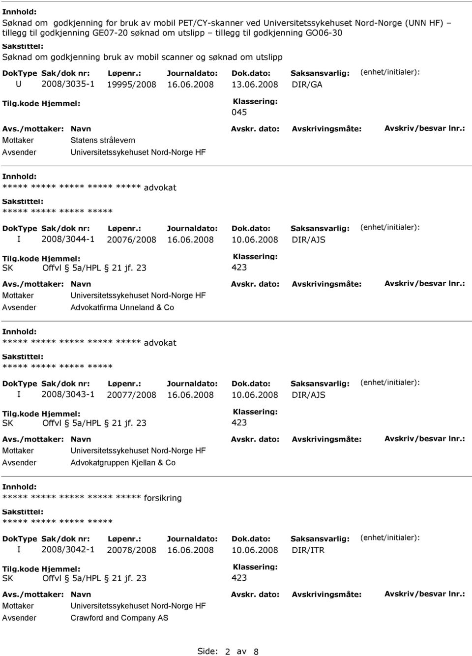 niversitetssykehuset Nord-Norge HF nnhold: ***** ***** advokat ***** 2008/3044-1 20076/2008 DR/AJS Advokatfirma nneland & Co nnhold: ***** ***** advokat *****