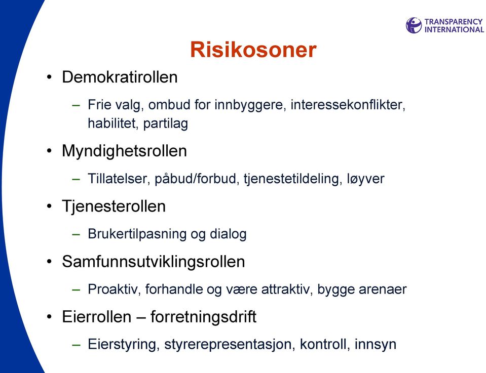 Tjenesterollen Brukertilpasning og dialog Samfunnsutviklingsrollen Proaktiv, forhandle og