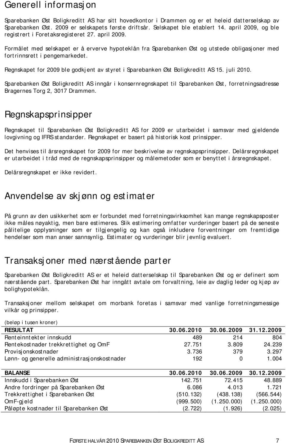 Regnskapet for 2009 ble godkjent av styret i Sparebanken Øst Boligkreditt AS 15. juli 2010.