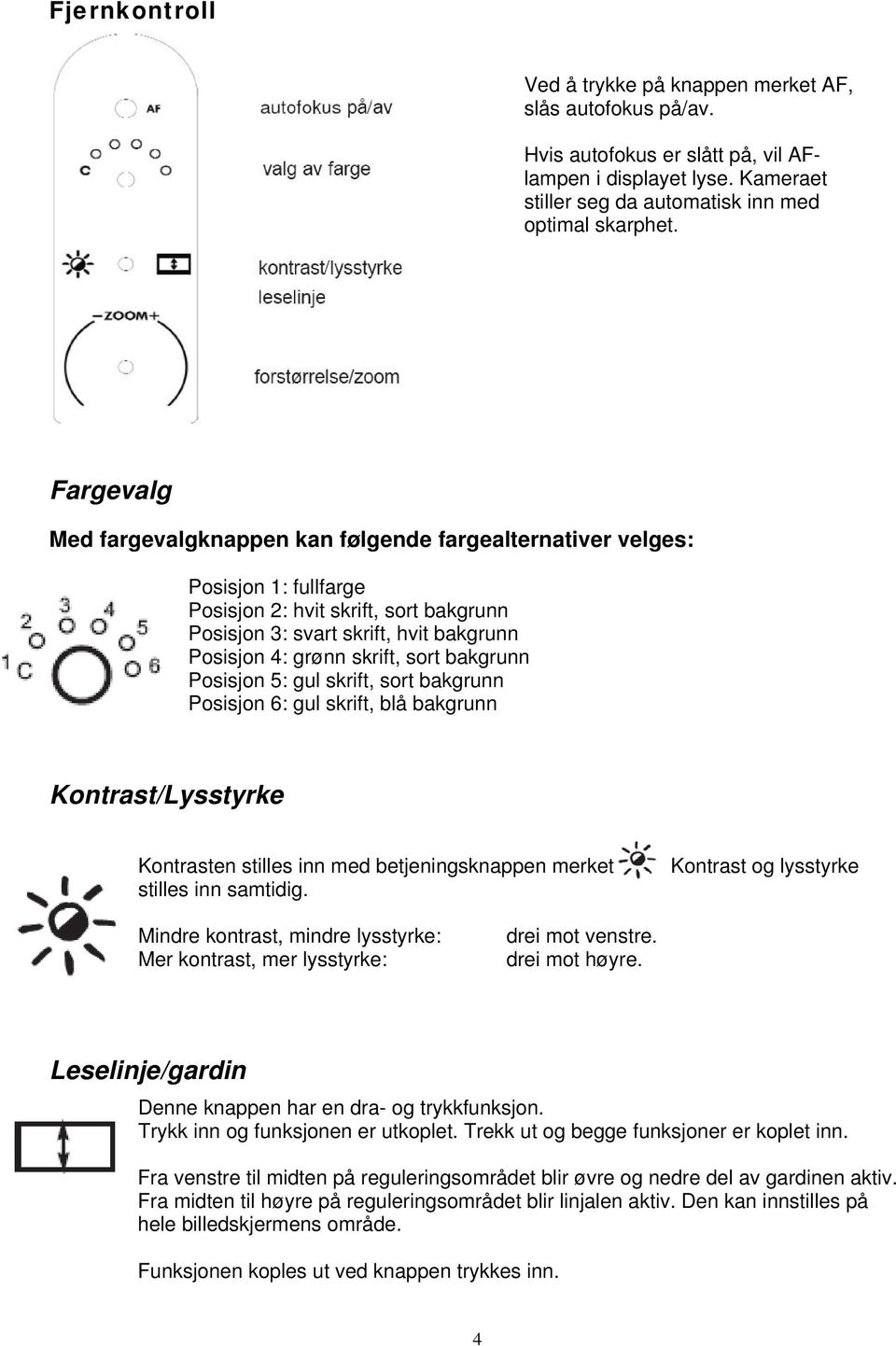 sort bakgrunn Posisjon 5: gul skrift, sort bakgrunn Posisjon 6: gul skrift, blå bakgrunn Kontrast/Lysstyrke Kontrasten stilles inn med betjeningsknappen merket stilles inn samtidig.