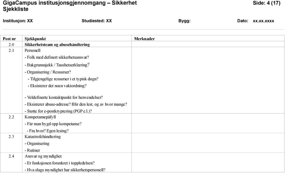 - Veldefinerte kontaktpunkt for henvendelser? - Eksisterer abuse-adresse? Blir den lest, og av hvor mange? - Støtte for e-postkryptering (PGP e.l.)? 2.