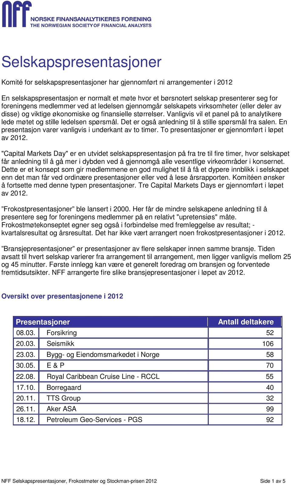 Vanligvis vil et panel på to analytikere lede møtet og stille ledelsen spørsmål. Det er også anledning til å stille spørsmål fra salen. En presentasjon varer vanligvis i underkant av to timer.