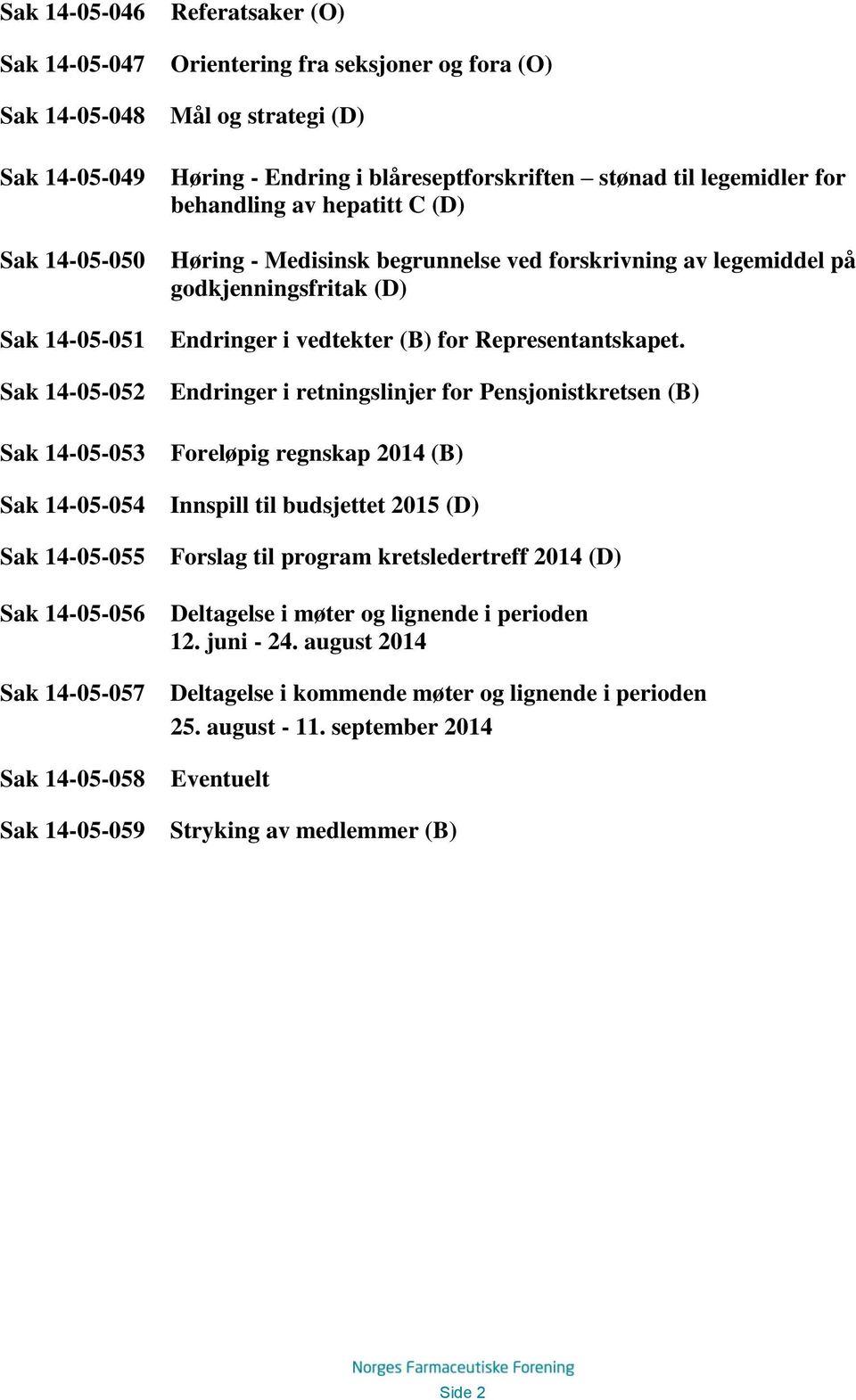 begrunnelse ved forskrivning av legemiddel på godkjenningsfritak (D) Endringer i vedtekter (B) for Representantskapet.