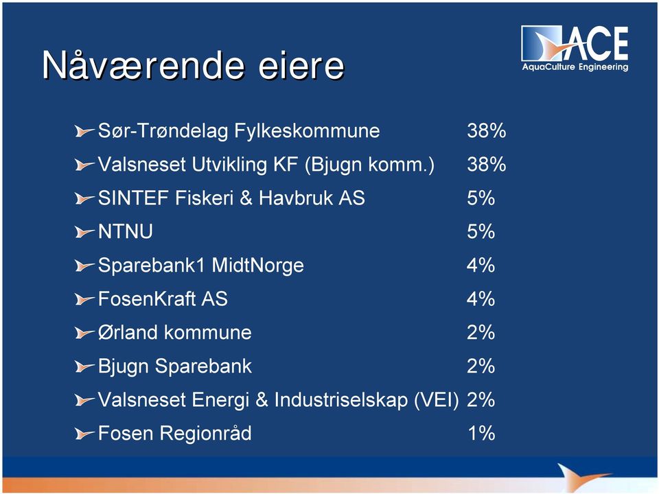 ) 38% SINTEF Fiskeri & Havbruk AS 5% NTNU 5% Sparebank1 MidtNorge