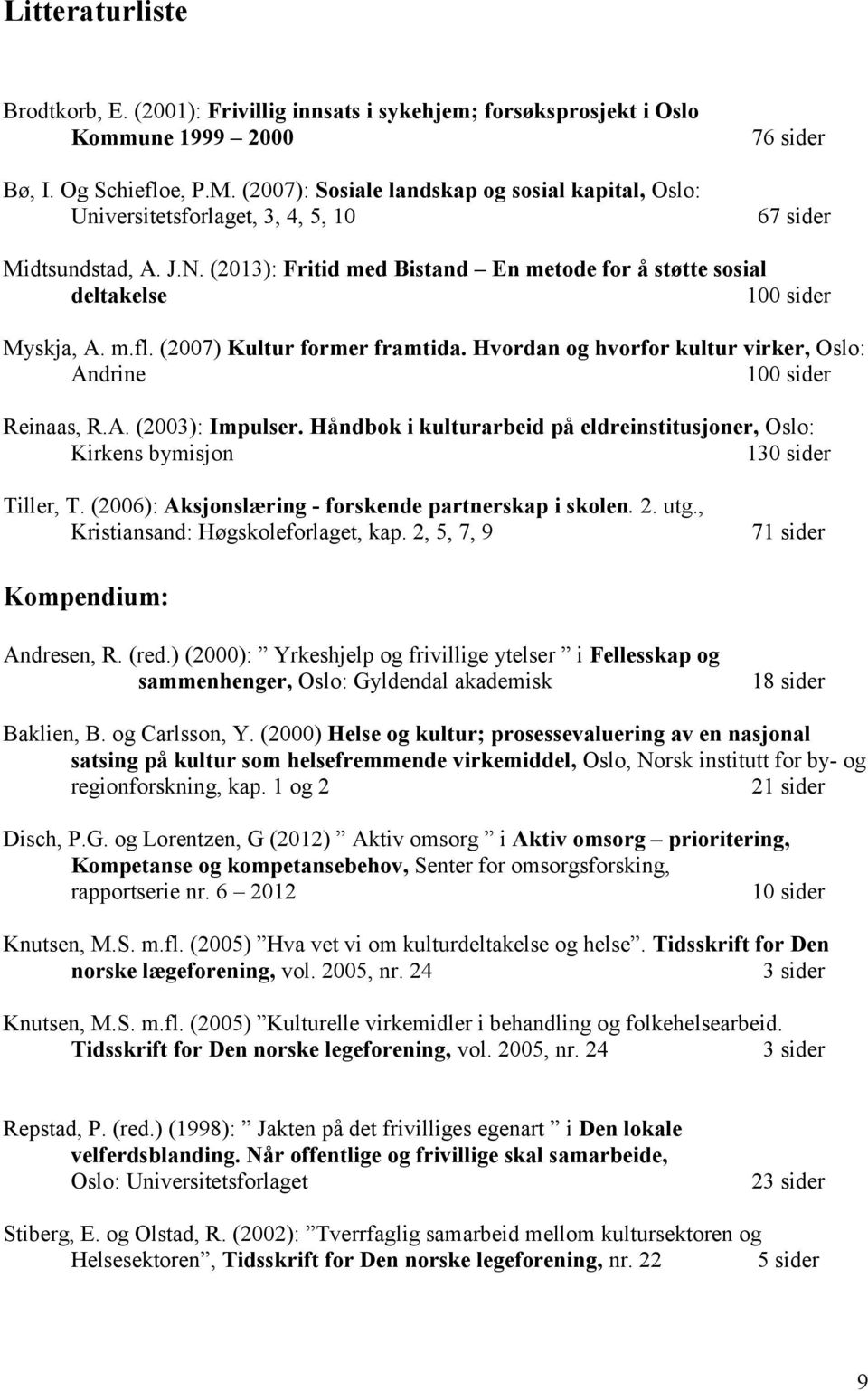 (2013): Fritid med Bistand En metode for å støtte sosial deltakelse 100 sider Myskja, A. m.fl. (2007) Kultur former framtida. Hvordan og hvorfor kultur virker, Oslo: Andrine 100 sider Reinaas, R.A. (2003): Impulser.