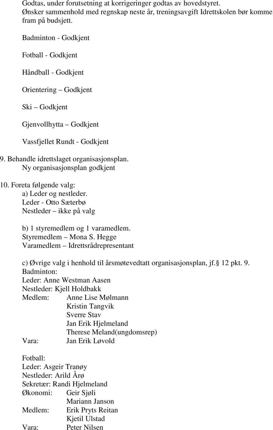 Ny organisasjonsplan godkjent 10. Foreta følgende valg: a) Leder og nestleder. Leder - Otto Sæterbø Nestleder ikke på valg b) 1 styremedlem og 1 varamedlem. Styremedlem Mona S.