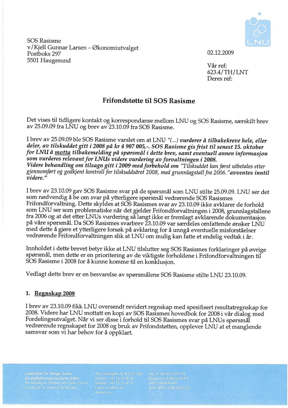 09 fra SOS Rasisme. I brev av 25.09.09 ble SOS Rasisme varslet om at LNU (...) vurderer å tilbakekreve hele, eller deler, av tilskuddet gitt i 2008 på kr4 907 005,-.