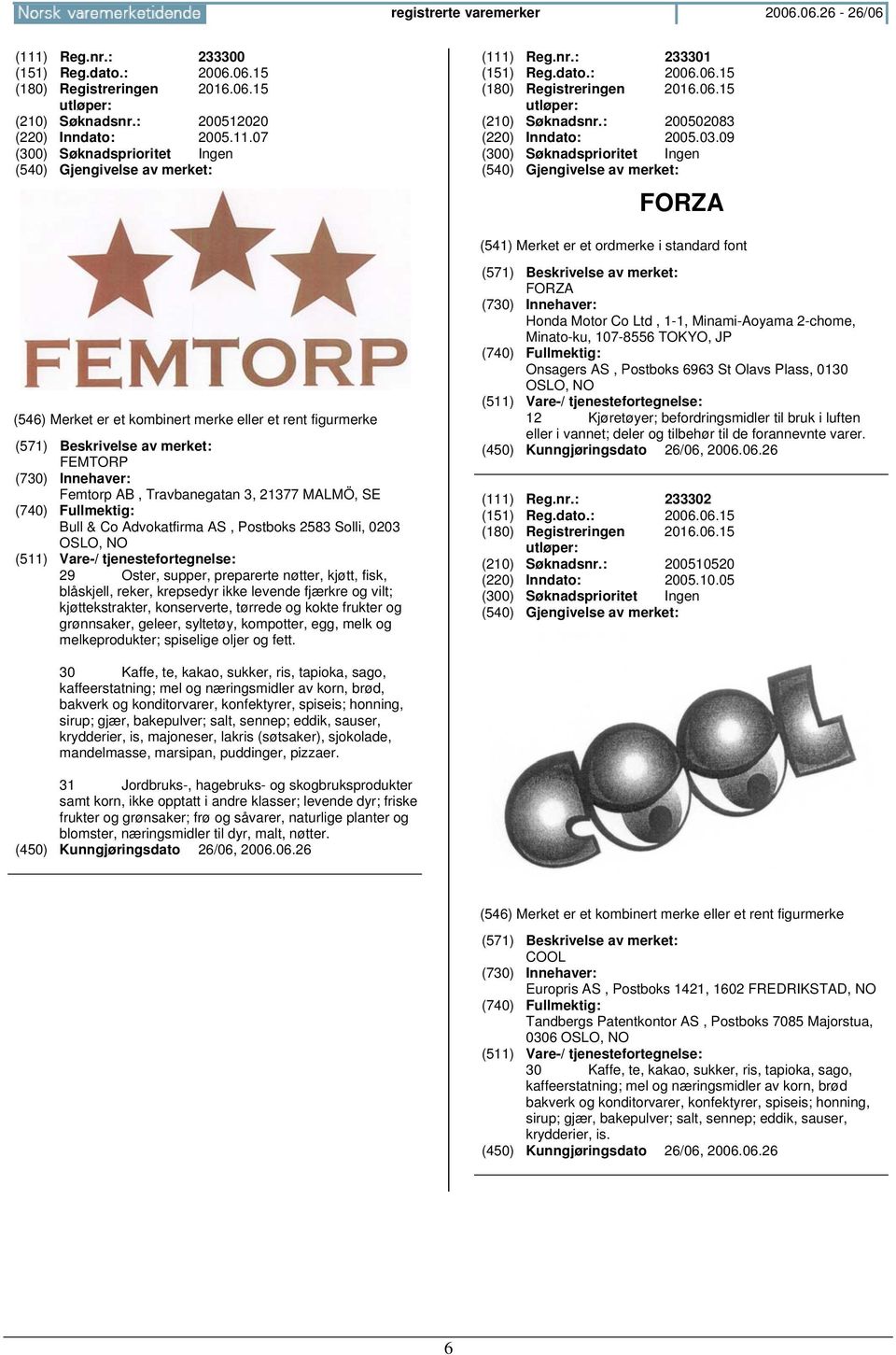 09 FORZA FEMTORP Femtorp AB, Travbanegatan 3, 21377 MALMÖ, SE Bull & Co Advokatfirma AS, Postboks 2583 Solli, 0203 OSLO, NO 29 Oster, supper, preparerte nøtter, kjøtt, fisk, blåskjell, reker,