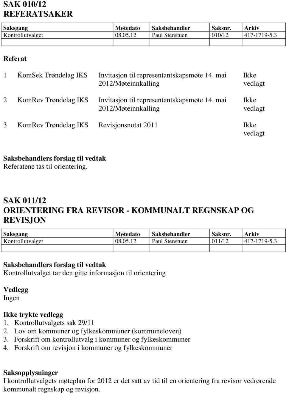 mai 2012/Møteinnkalling Ikke vedlagt Ikke vedlagt 3 KomRev Trøndelag IKS Revisjonsnotat 2011 Ikke vedlagt Referatene tas til orientering.