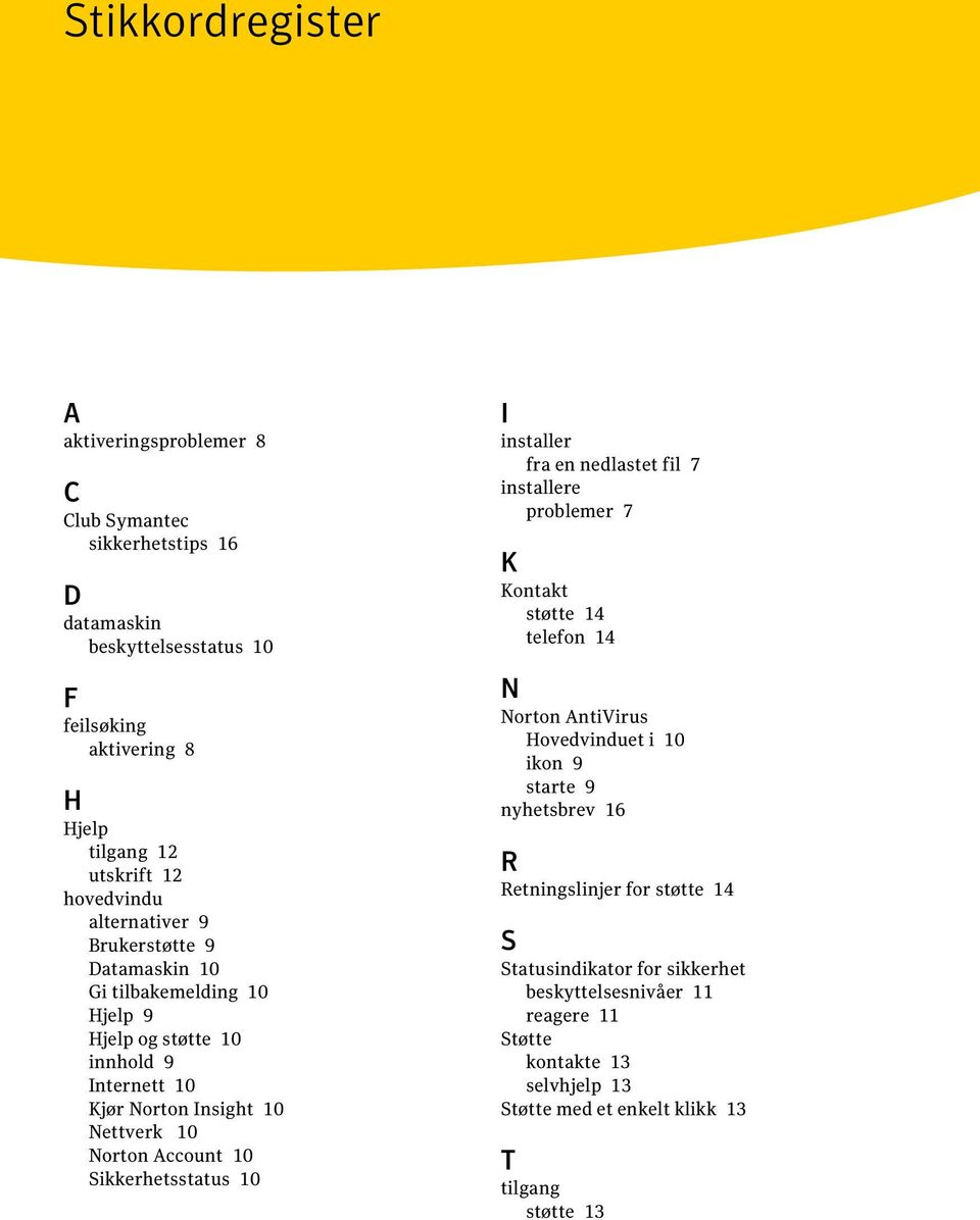 Account 10 Sikkerhetsstatus 10 I installer fra en nedlastet fil 7 installere problemer 7 K Kontakt støtte 14 telefon 14 N Norton AntiVirus Hovedvinduet i 10 ikon 9 starte 9