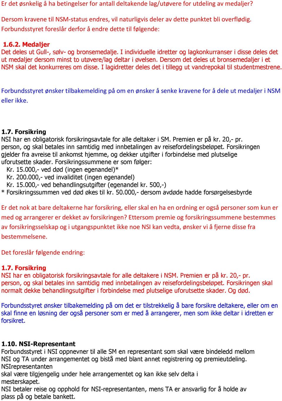 I individuelle idretter og lagkonkurranser i disse deles det ut medaljer dersom minst to utøvere/lag deltar i øvelsen. Dersom det deles ut bronsemedaljer i et NSM skal det konkurreres om disse.