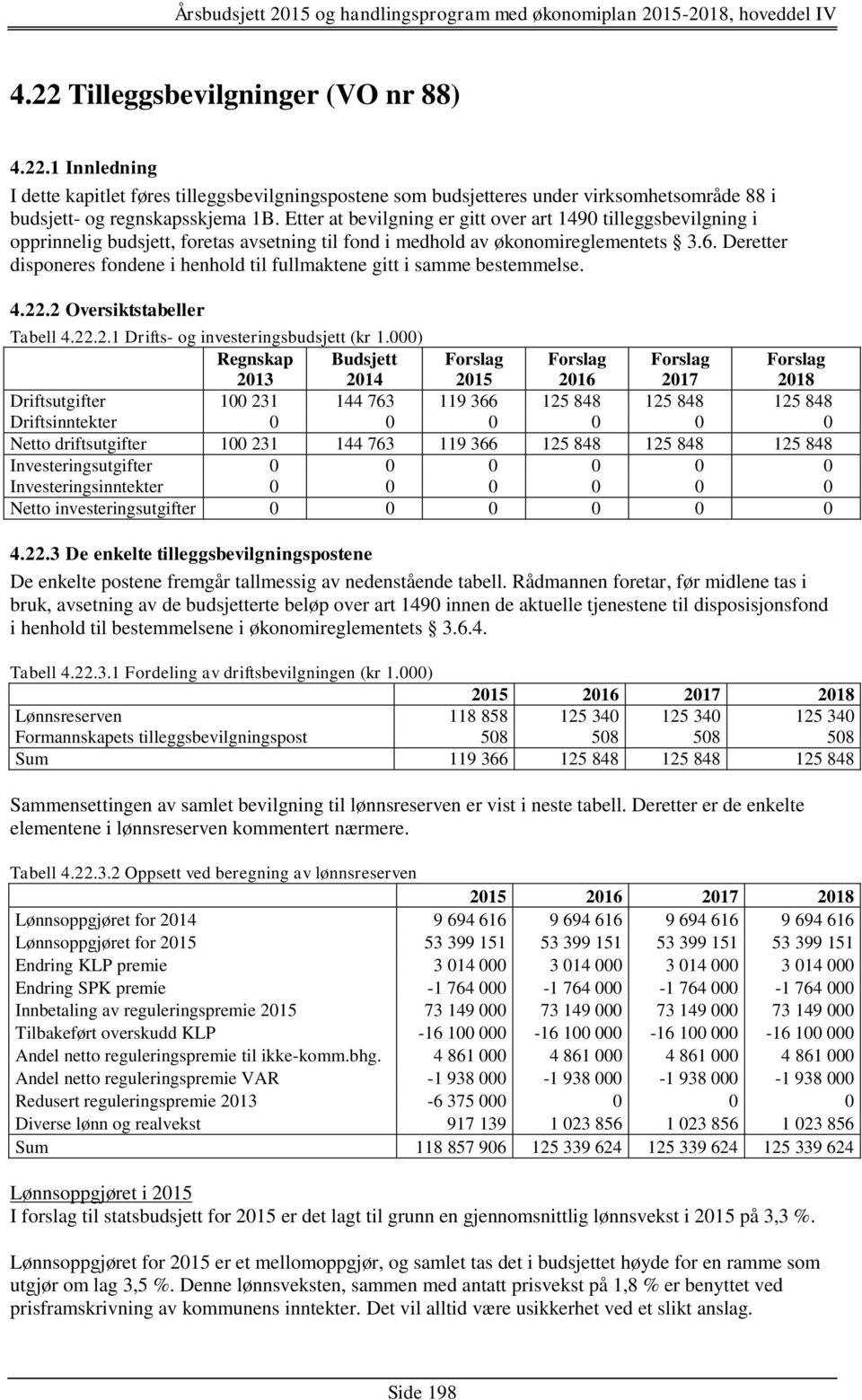 Deretter disponeres fondene i henhold til fullmaktene gitt i samme bestemmelse. 4.22.2 Oversiktstabeller Tabell 4.22.2.1 Drifts- og investeringsbudsjett (kr 1.