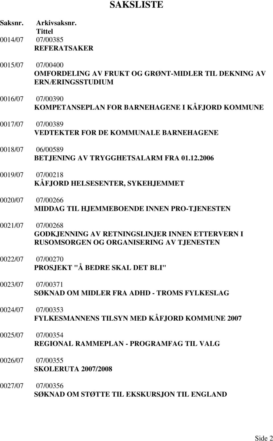 07/00389 VEDTEKTER FOR DE KOMMUNALE BARNEHAGENE 0018/07 06/00589 BETJENING AV TRYGGHETSALARM FRA 01.12.