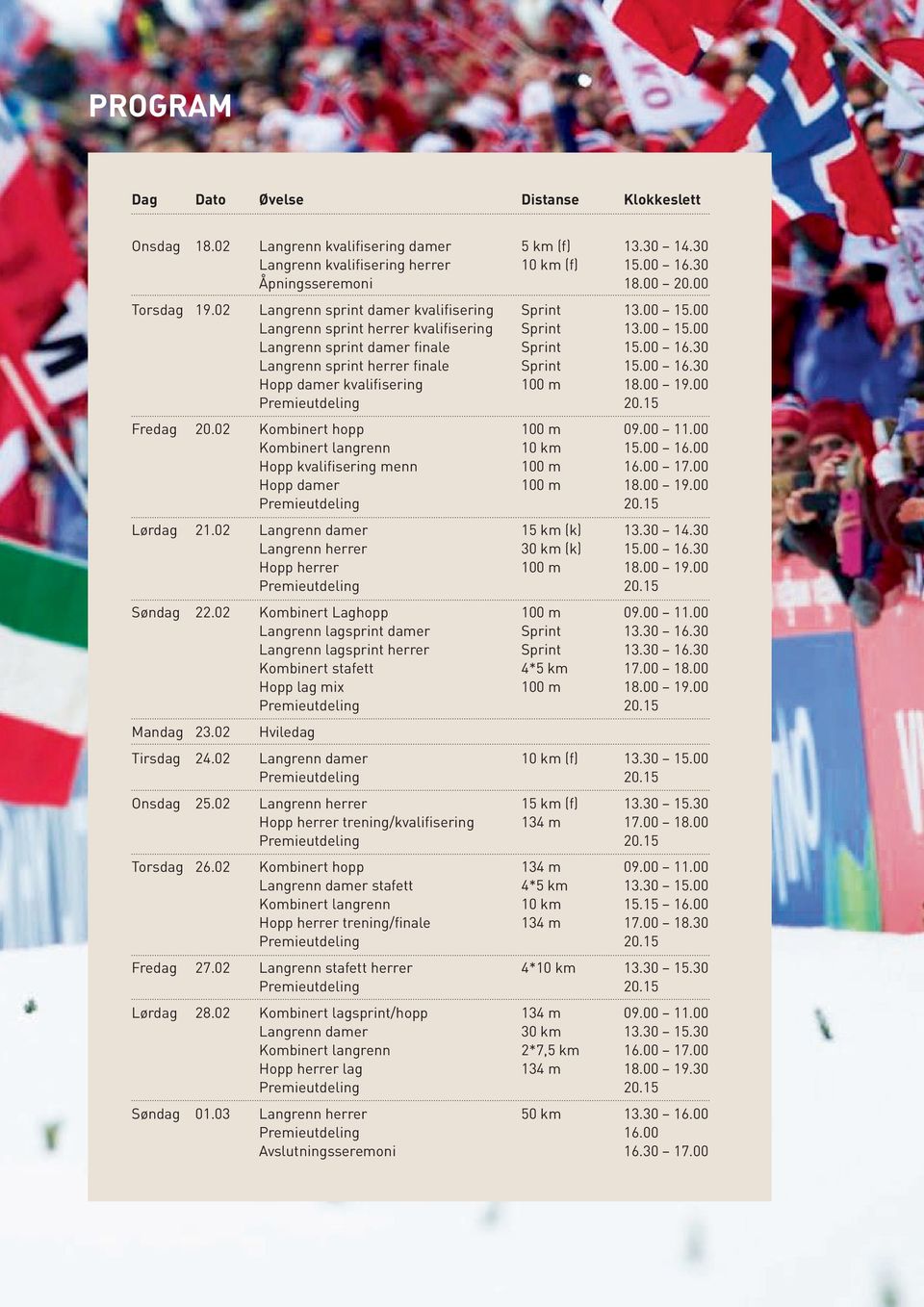 30 Langrenn sprint herrer finale Sprint 15.00 16.30 Hopp damer kvalifisering 100 m 18.00 19.00 Fredag 20.02 Kombinert hopp 100 m 09.00 11.00 Kombinert langrenn 10 km 15.00 16.00 Hopp kvalifisering menn 100 m 16.