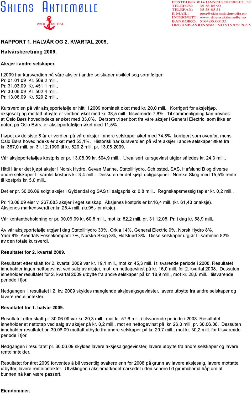 . Korrigert for aksjekjøp, aksjesalg og mottatt utbytte er verdien øket med kr. 38,5 mill., tilsvarende 7,6%. Til sammenligning kan nevnes at Oslo Børs hovedindeks er øket med 33,0%.