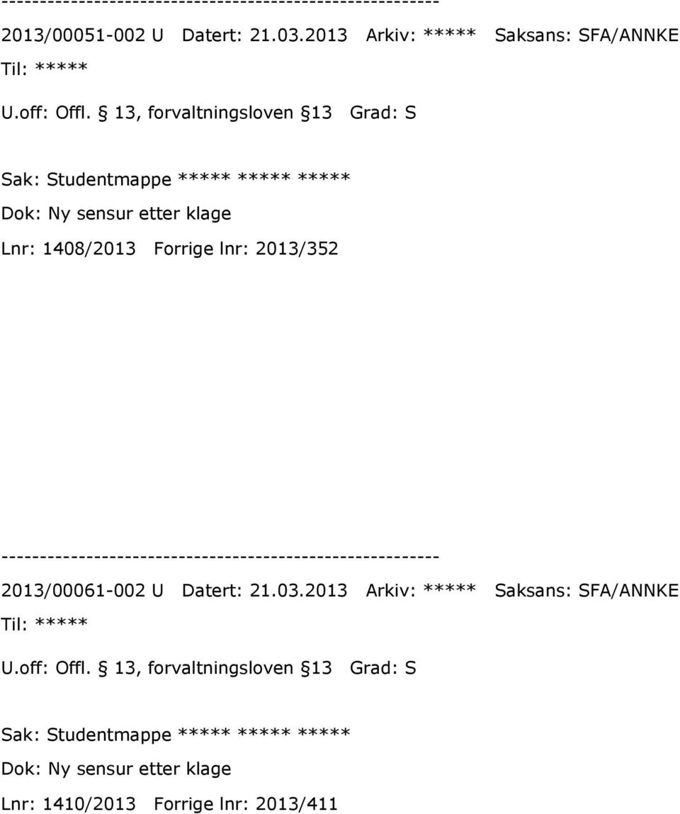 sensur etter klage Lnr: 1408/2013 Forrige lnr: 2013/352 2013/00061-002 U Datert: 21.03.