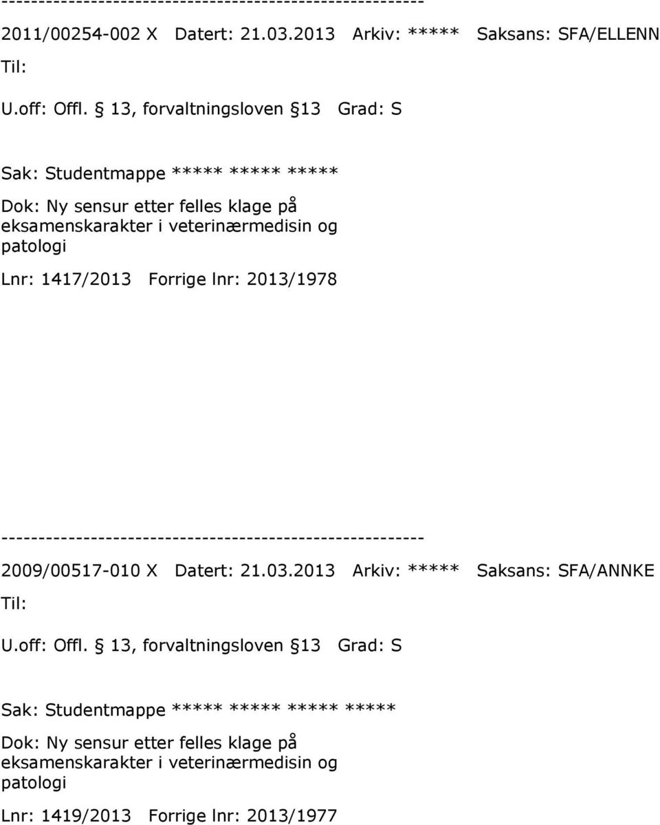 eksamenskarakter i veterinærmedisin og patologi Lnr: 1417/2013 Forrige lnr: 2013/1978 2009/00517-010 X Datert: 21.